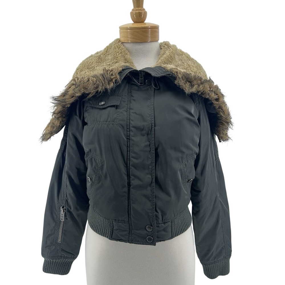 Y2K American Eagle Cropped Bomber Jacket M Gray Military Fur Convertible Hood